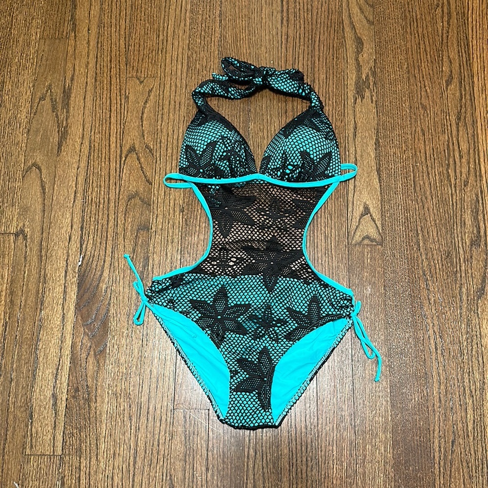 One Piece Padded Fishnet Covered Tie Neck Halter Backless Bathing Suit Small